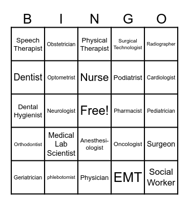 HEALTH CAREERS BINGO Card