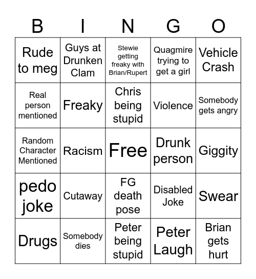 Family guy bingo Card