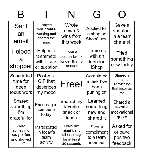 iShop Team Bingo Card