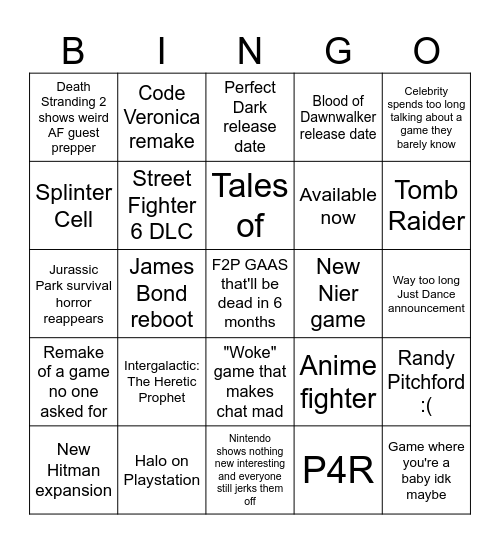 Summer Game Fest 2K25 Bingo Card