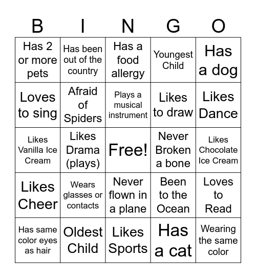 YW Girls Camp Get To Know You! Bingo Card