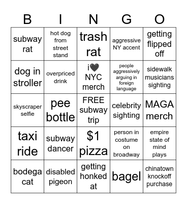 NYC 2025 Trip Bingo Card