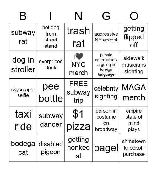 NYC 2025 Trip Bingo Card