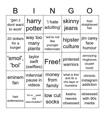 Insufferable millennial core Bingo Card