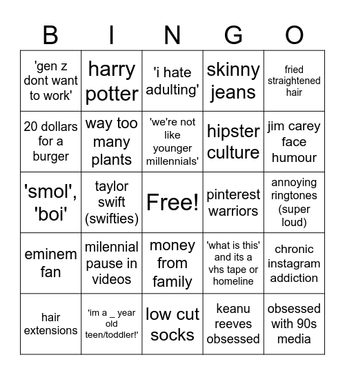 Insufferable millennial core Bingo Card