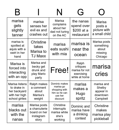 MARISA AT HOME BINGO!! Bingo Card