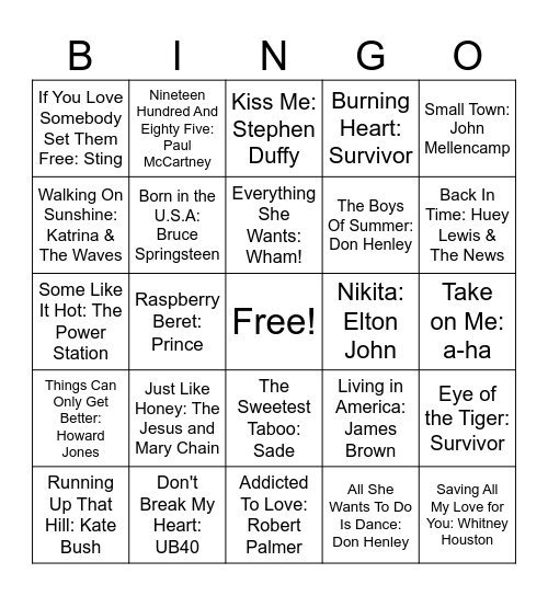 1985 Bingo Card