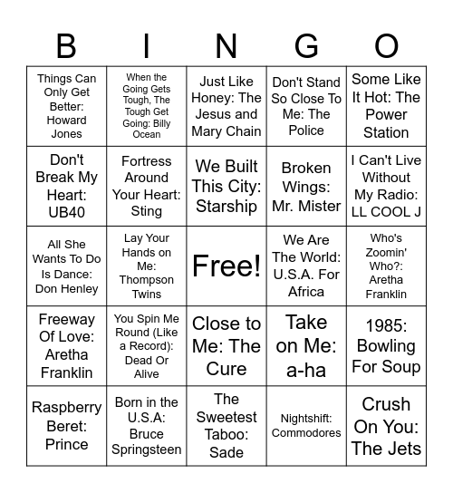 1985 Bingo Card