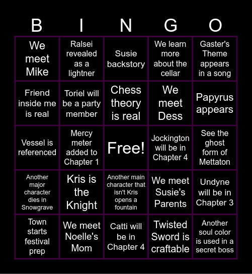 Deltarune Chapter 3 + 4 Bingo Card