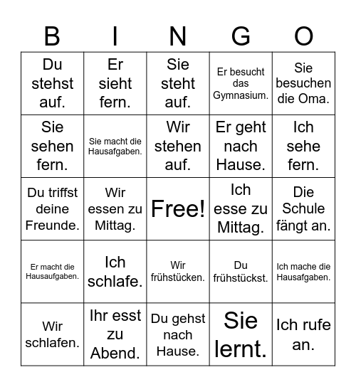 Verben Bingo Card