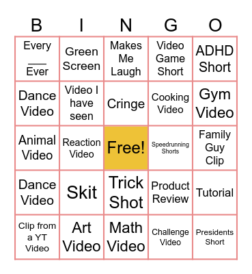 YT Shorts Bingo Card