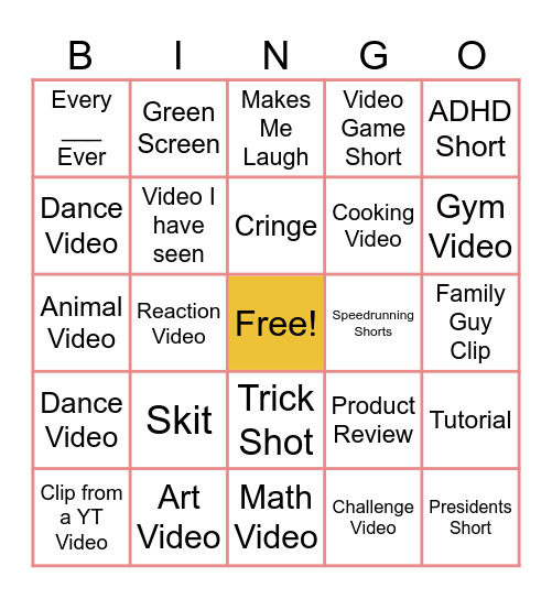 YT Shorts Bingo Card