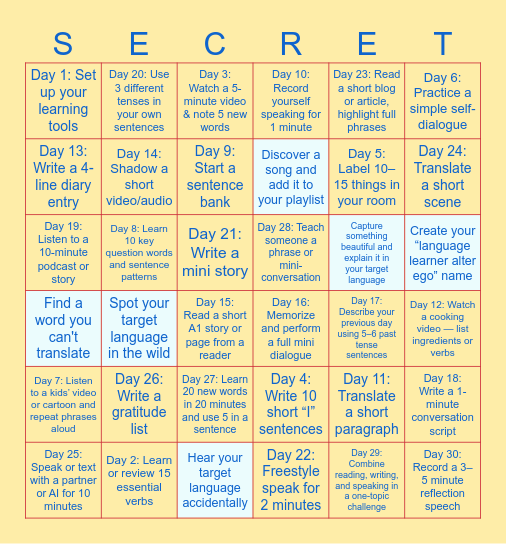 30 Day Korean Challenge Bingo Card