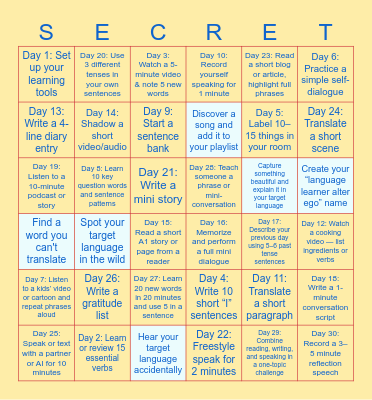 30 Day Korean Challenge Bingo Card
