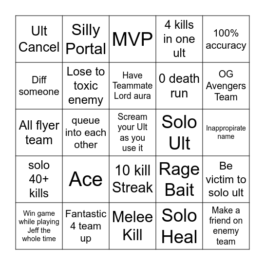 Rivals Squad Bingo Card Bingo Card