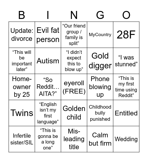 AITAngel Bingo Card