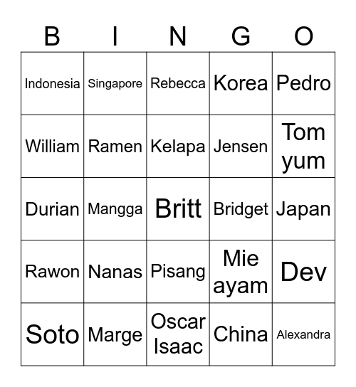 Kenzie’s Bingo Card