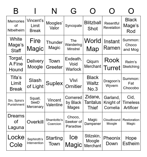 Funny Bingo Final Fantasy Bingo Card