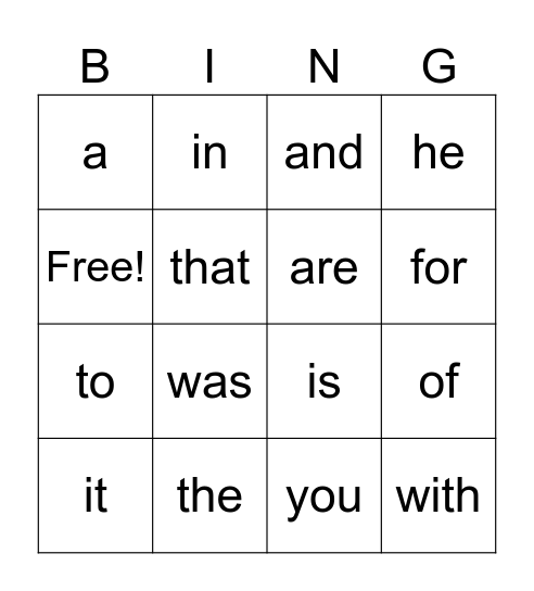 sight word bingo Card