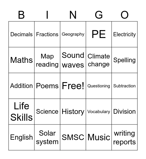 Curriculum Bingo Card