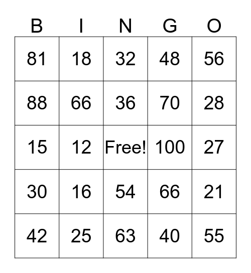 Multiplication Facts and Exponents Bingo Card