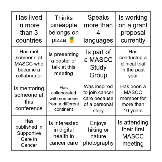 MASCC Welcome Breakfast: Mini Bingo Card