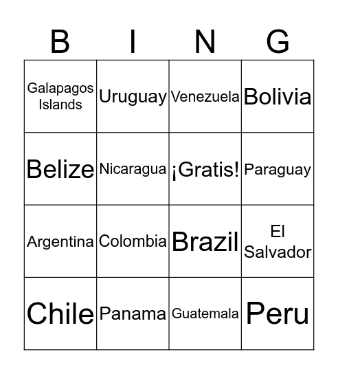 Countries & Capitals Bingo Card