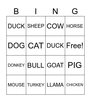 FARM ANIMALS Bingo Card