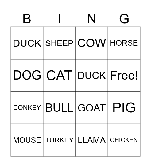 FARM ANIMALS Bingo Card