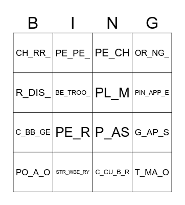 FRUIT AND VEGGIES Bingo Card