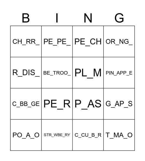 FRUIT AND VEGGIES Bingo Card
