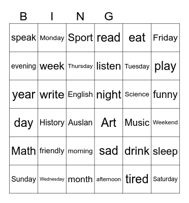 Auslan Days, Time, subjects,Everyday Bingo Card