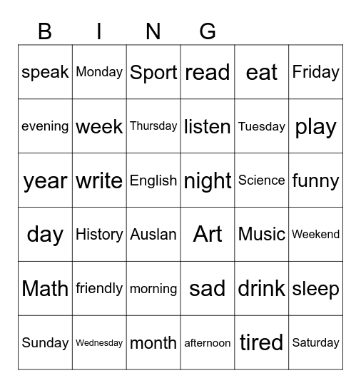 Auslan Days, Time, subjects,Everyday Bingo Card