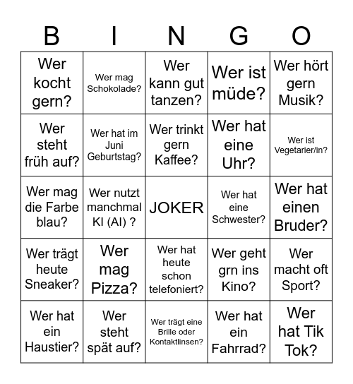 Kennenlernen-Bingo A1 Bingo Card
