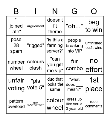 Dress to Impress Bingo Card