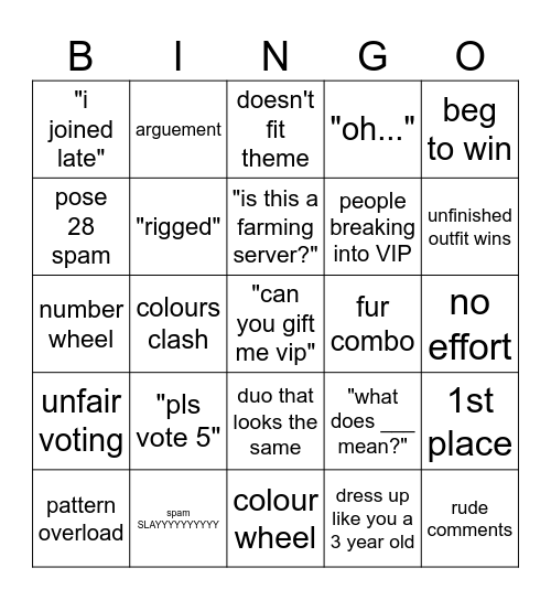 Dress to Impress Bingo Card