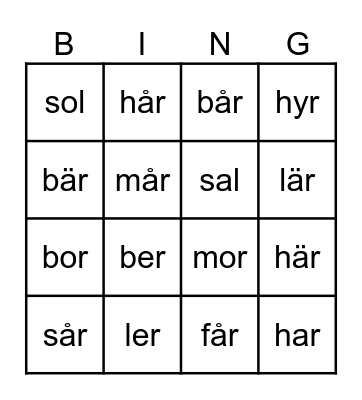 Långa vokaler korta ord (a,o,u,å,e,ä,y) Bingo Card