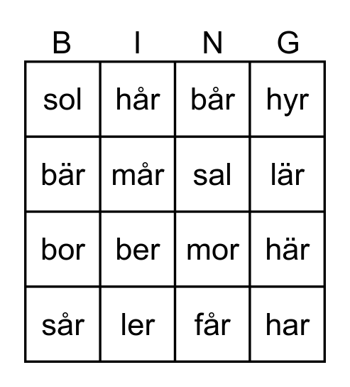 Långa vokaler korta ord (a,o,u,å,e,ä,y) Bingo Card
