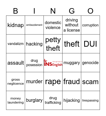 Crime vocabulary Bingo Card