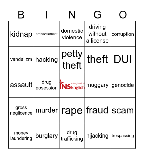 Crime vocabulary Bingo Card
