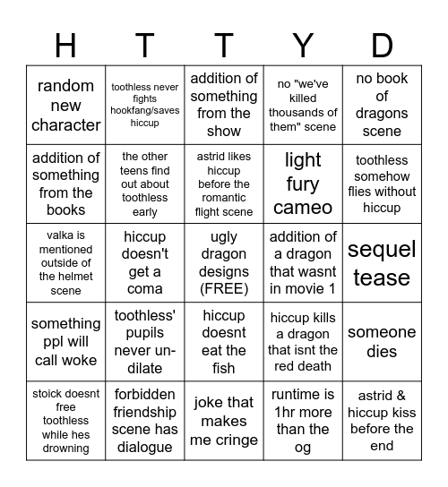 httyd live action bingo Card