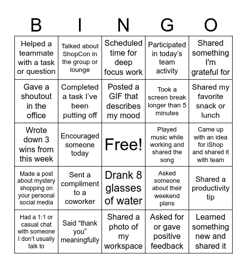 iShop Team Bingo Card