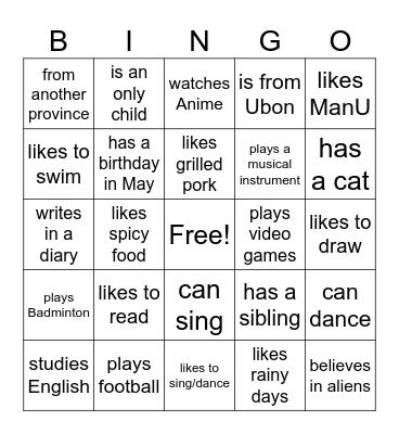 UBU English Bingo Card