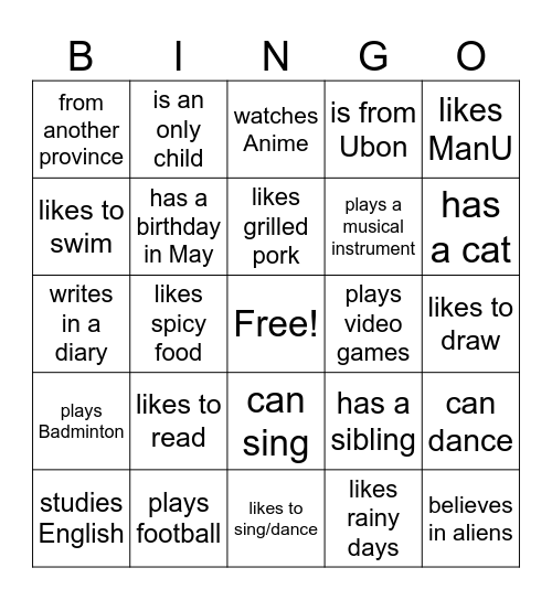 UBU English Bingo Card