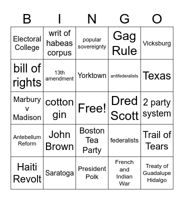 US 1 review bingo Card