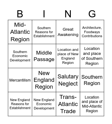 Colonial America Bingo Card