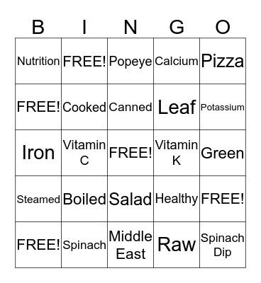 Spinach Bingo Card