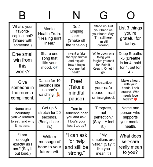 KC's Mind Over Mood Bingo Card