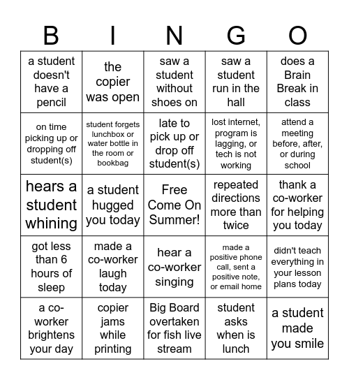 End-of-the-Year Bingo - Teacher Edition Bingo Card