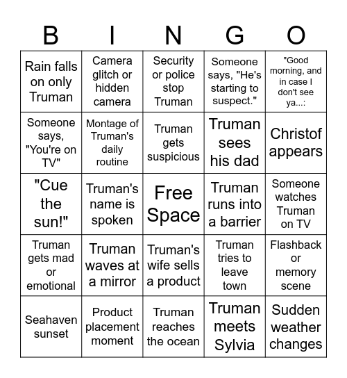 The Truman Show Bingo Card